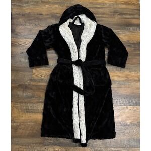 Minky Couture Hooded Plush Robe Black S/M Soft Faux Fur Belted Cozy